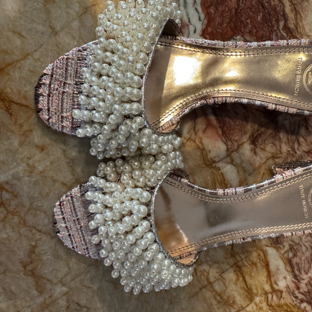 Tory Burch Pearl Embellished Heels - Pink and Silver tweed design